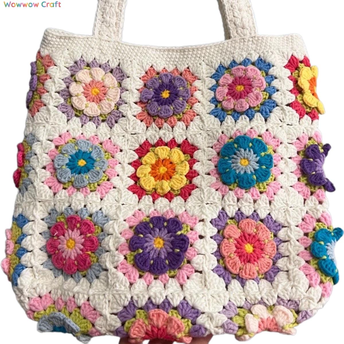 Shoulder Bags,Totes,Handmade Crochet Bags,Flower Splicing Granny Square Tote crocheted with Snow Fairy Yarn - High quality handmade crocheted shoulder bag